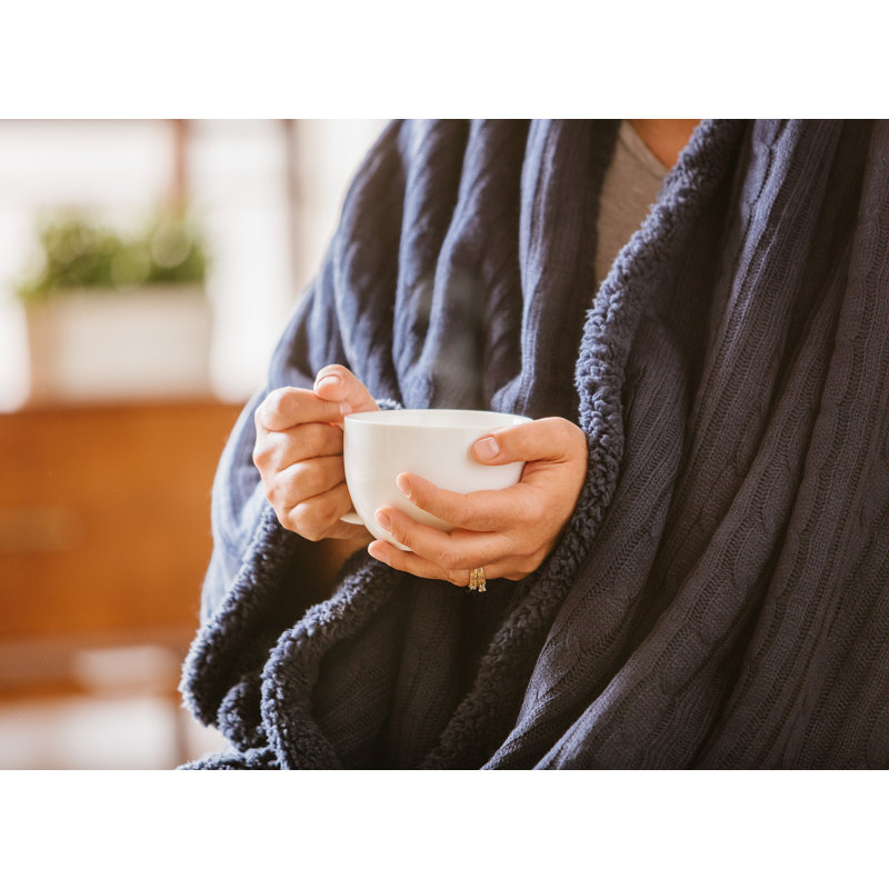 Navy Blue Cable Knit and Sherpa Reversible Throw Blanket 50" x 65"