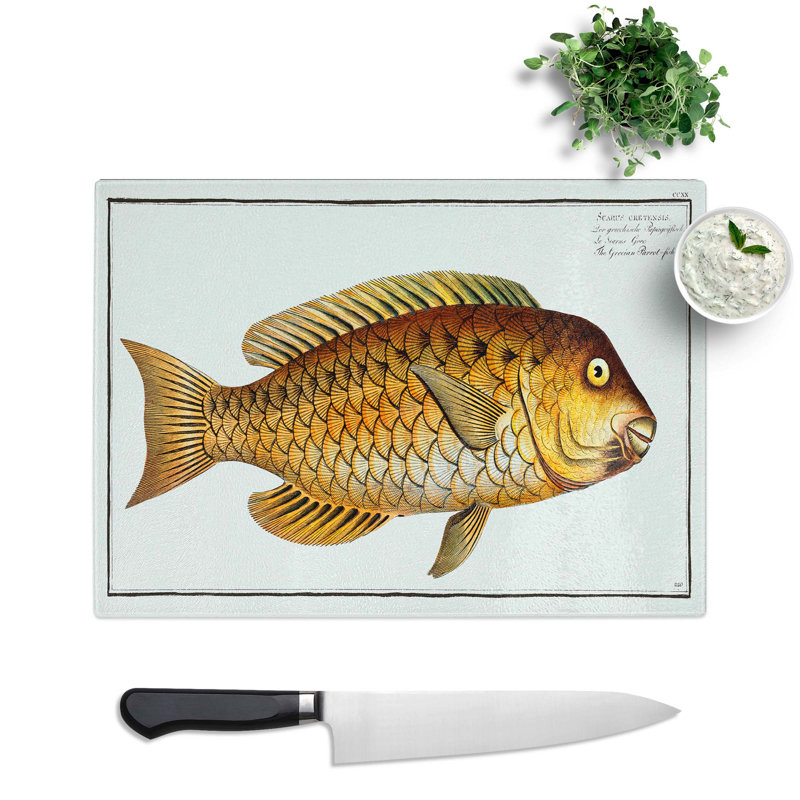 Tempered Glass Grecian Parrot Fish by M.E. Bloch Chopping Board, 39 cm x 28.5 cm
