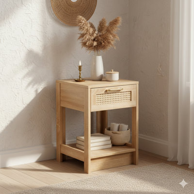 15.75-Inch Rattan End Table With A Drawer. A Modern Nightstand Or Side Table For Use In Living Rooms And Bedrooms, In A Natural Finish.