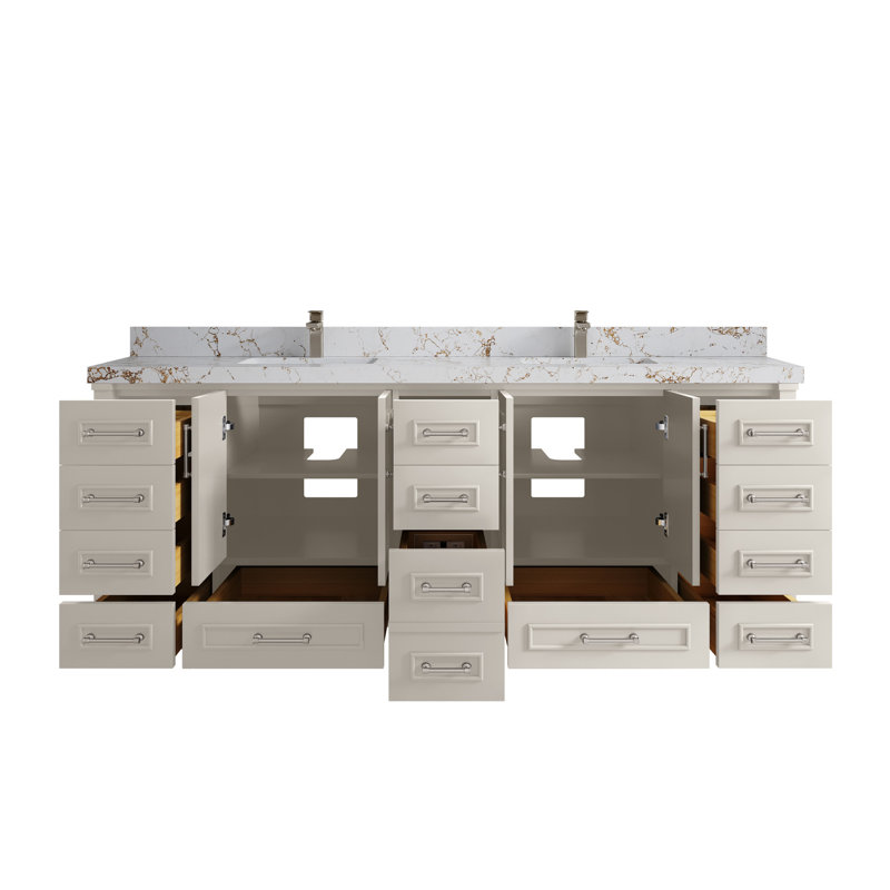 Aberdeen 84'' Double Bathroom Vanity with Quartz Top, Viola Gold, Fine Grain