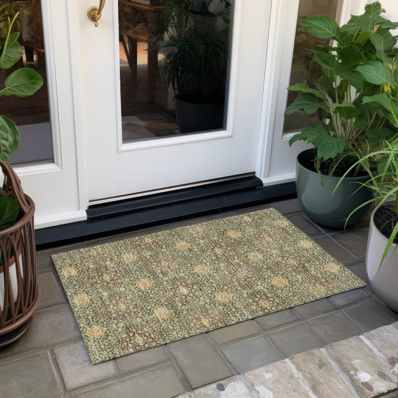 Machine Washable Indoor/Outdoor Chantille ACN2566 Damask Rug, Olive, 1'8" x 2'6"