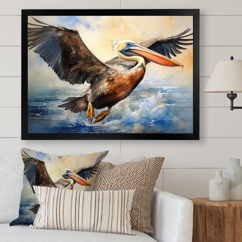 Majestic Pelican Seabird II - Pelican, art mural, Cadre simple noir, H 12 po x l 20 po x P 1 po