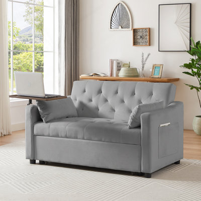 Latitude Run 3 in 1 Convertible Sofa Bed, Vincy Sleeper Loveseat with Side Table, Pull Out Couch with 2 Pockets and 2 Pillows for Living Room Apartment Office