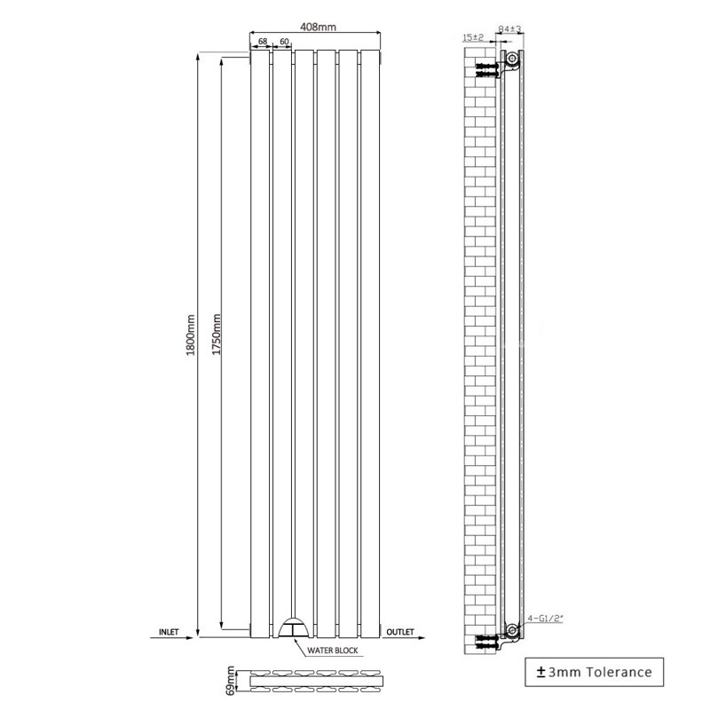Shonna Vertical Double Flat Panel Radiator, 180cm H x 40.8cm W, Anthracite