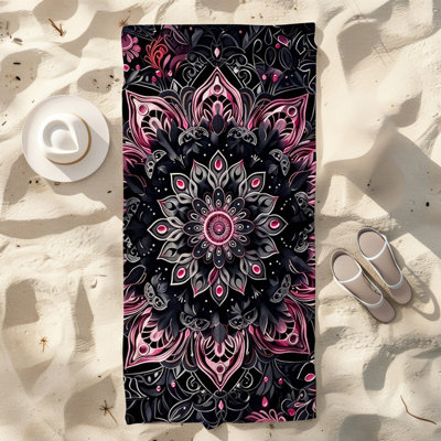  Serviette de plage en microfibre légère, absorbante sans décoloration, 30 po x 60 po, rose mandala floral noir