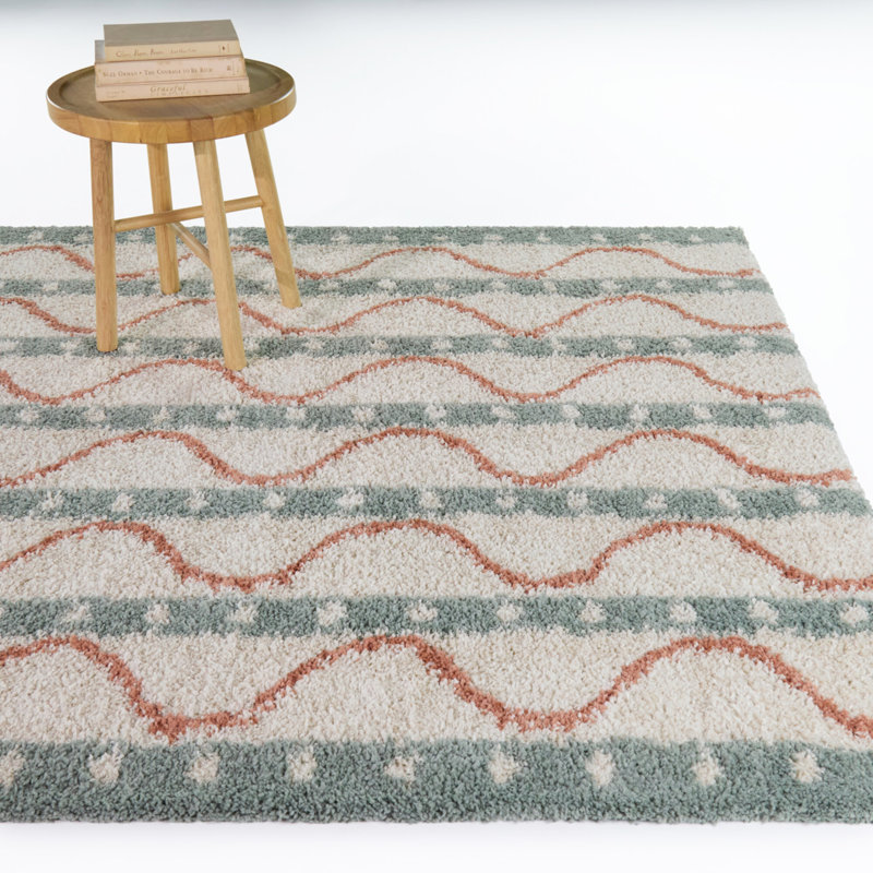 Meridian Coral/Blue Kids Wavy Stripe Area Rug, 5'3" x 7'