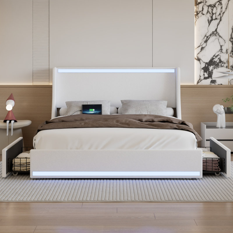 Queen Size Storage Platform Bed with Charging Station and Smart Control RGB LED Lights, White Upholstered Bed Frame with Storage Drawers, USB & Type-C Charging Ports, Soft Linen Padded Headboard, 2 Under-Bed Storage Drawers, No Box Spring Needed