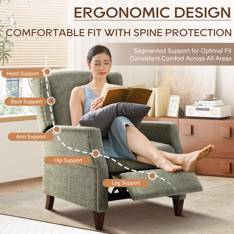 Push-Back Armchair with Storage Pockets - Nail-Head Trim & Wingback Design, Green Chenille