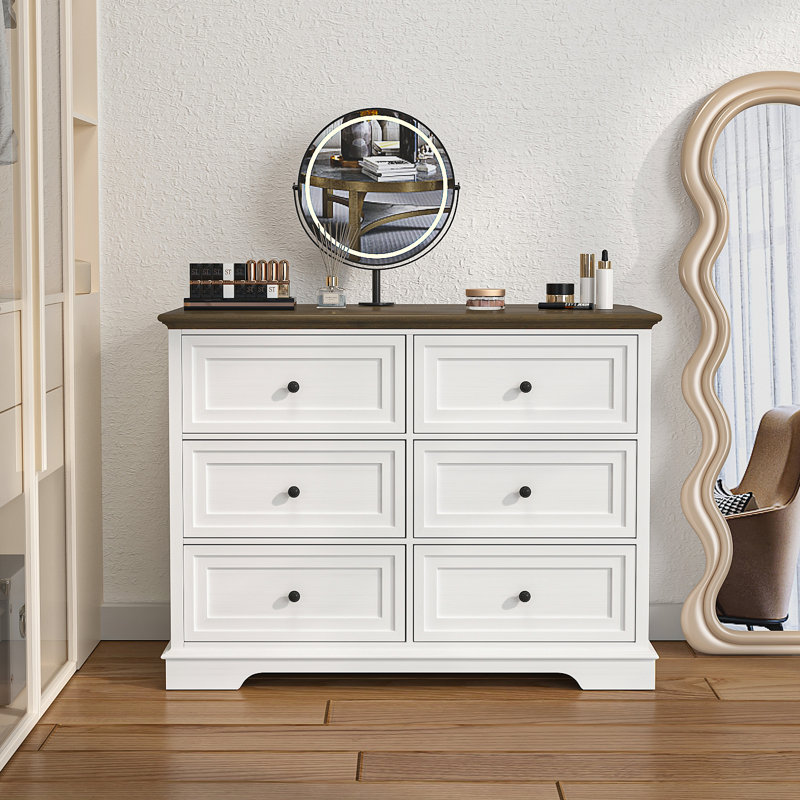 Cabinet Dresser Chest With 6 Drawers, Chest Of Drawers, Bedroom Dresser, White/Brown