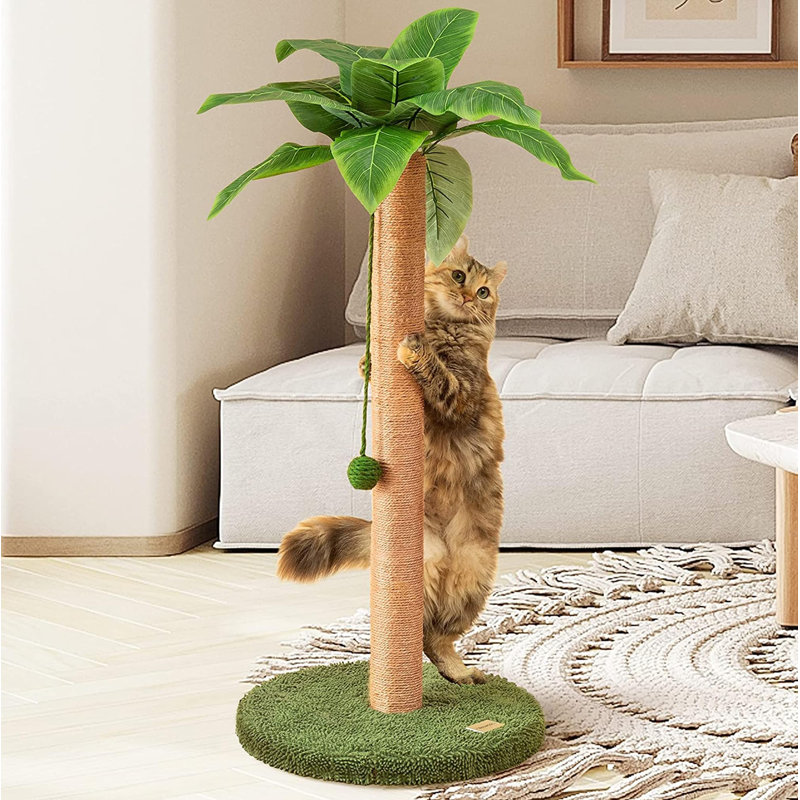 Tall Green Sisal Cat Scratching Post with Palm Leaves