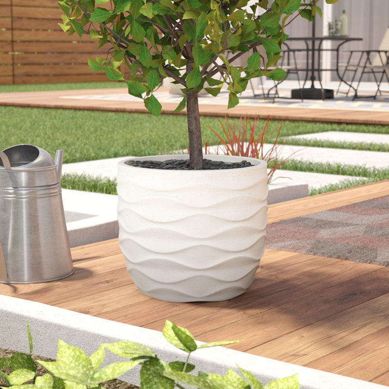 Handmade Horizontal Waves MgO Round Pot Planters, White, 11.6" H x 13.4" W x 13.4" D