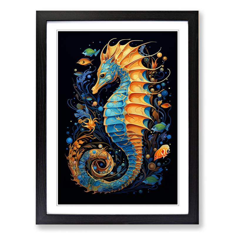 Seahorse Orphism - Single Picture Frame Print on Wood, 46cm H x 34cm W x 2cm D, Black 
