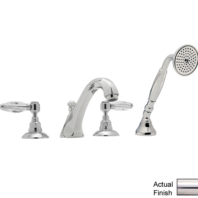 Robinet de baignoire romaine à fixation sur plateau à poignées doubles avec douche à main Country, Nickel poli