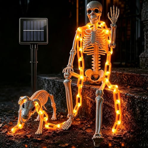 Squelette de 90 cm et squelette de chien avec guirlande lumineuse, décorations d'Halloween extérieures