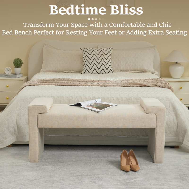 43.3" W Upholstered Bedroom Bench, Tan Linen, 19.6" H x 43.3" W x 17.3" D
