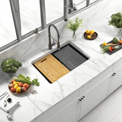 Évier de cuisine encastré en quartz noir de 71 cm (28 po), cuve unique en composite de granit, avec planche à découper, égouttoir enroulable, panier-filtre et grille de fond, profondeur de 23 cm (9 po), pour meuble de 79 cm (31 po).