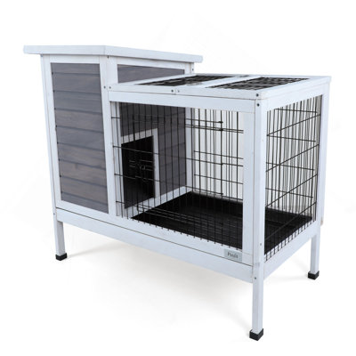 Cage à lapins en bois à deux niveaux pour l'intérieur pour petits animaux avec piste et plateau en plastique étanche, gris