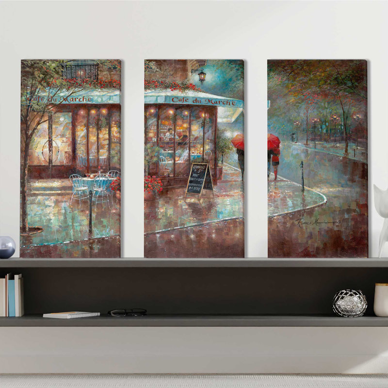 Café du marché - Ensemble de 3 peintures sur toile tendue, H 24 po x l 36 po x P 0,75 po