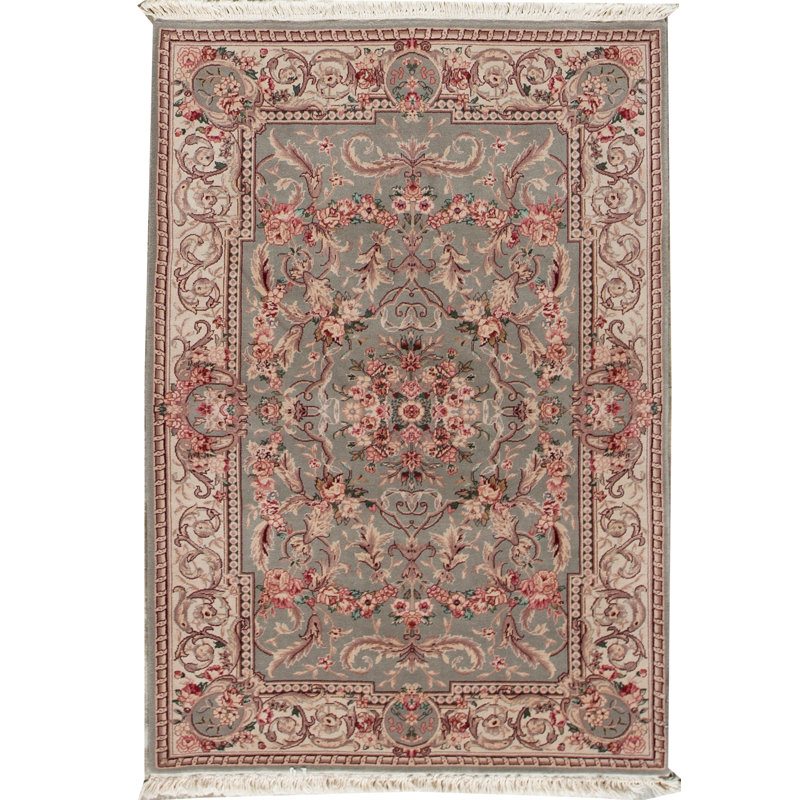 Tapis vert clair et crème noué à la main de haute qualité