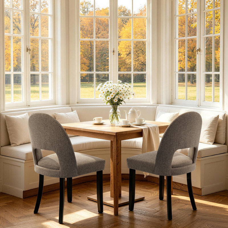 Linen Upholstered Dining Chairs with Curved High Back and Solid Wood Legs, Brown, Black