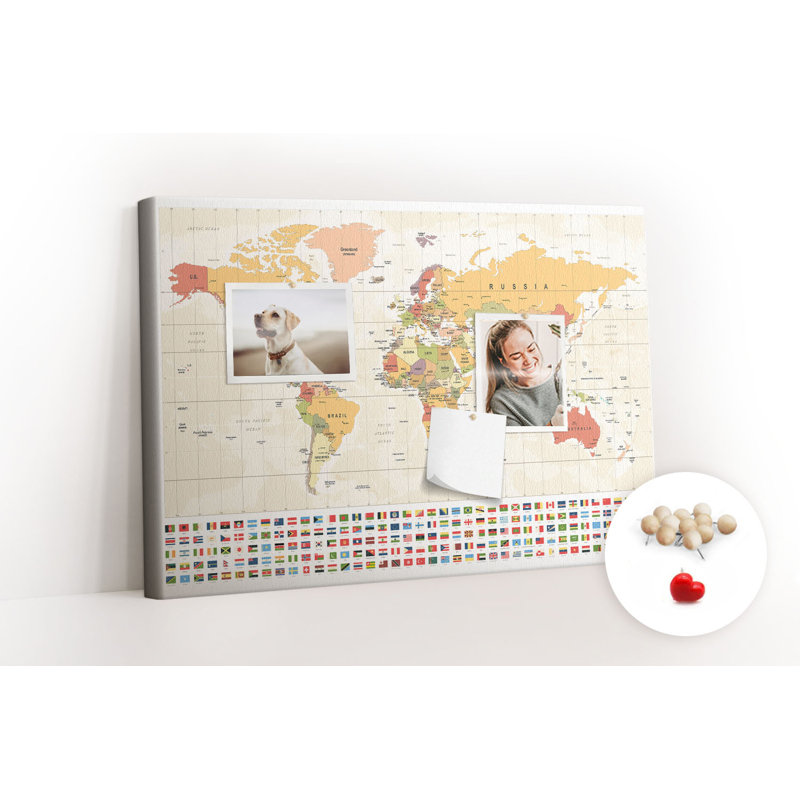 Wall Mounted cork board with print home decor message pin boards home office bulletin board ideas World map design