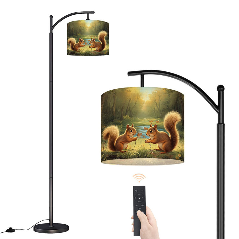 Arc Floor Lamp Two Squirrels Collecting Sticks Peaceful Forest Setting Floor Lamps with Remote LED Lights Adjustable Lamp Shades Tall Standing Lamps for Reading Office Living Room