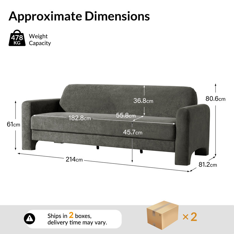 Werts 182.8cm Modern Curved Wrinkle Resistant Chenille Fabric Sofa, Grey