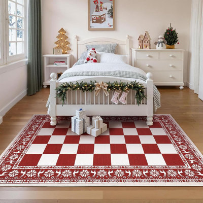 Rug, Checkered Christmas Rugs for Holiday Decor, Non Slip Low Pile Washable Rug for Kitchen, Entryway, Living Room, Bedroom, Red