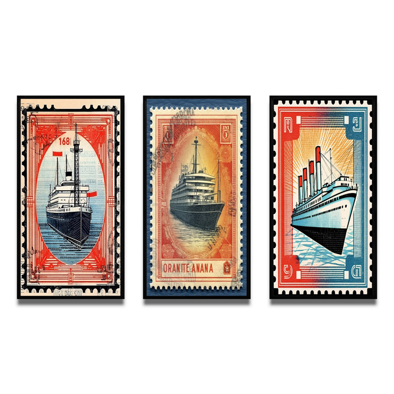 «Vintage Post Stamo RMS TItanic», 3 pièces sur toile, Cadre flottant noir, H 40 po x l 60 po