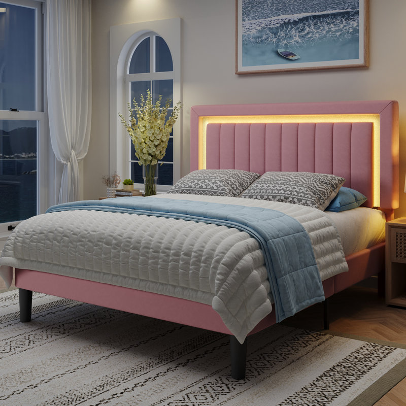  Modern Upholstered Platform Bed with Adjustable Headboard,Velvet Finish,Wide LED Lighted Headboard,No Box Spring Needed,Full Size