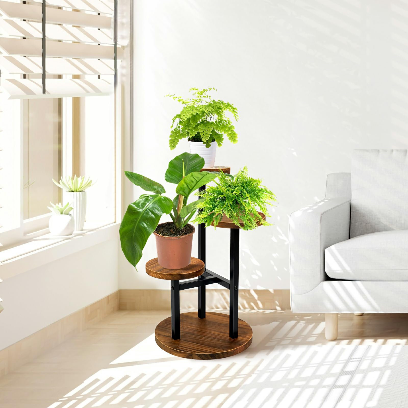 Arlmont & Co. Three-Tiered Plant Stand, Tall Frame And Wooden Shelves ...