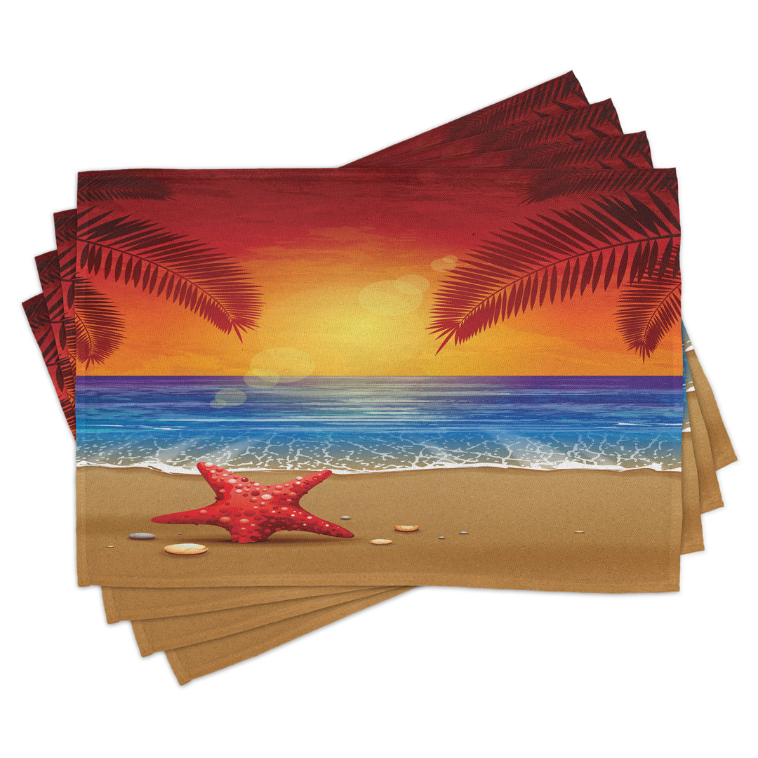 Platzdeckchen 4er Set, Cartoon Ocean Beach Palm, Rot Gelb Blau