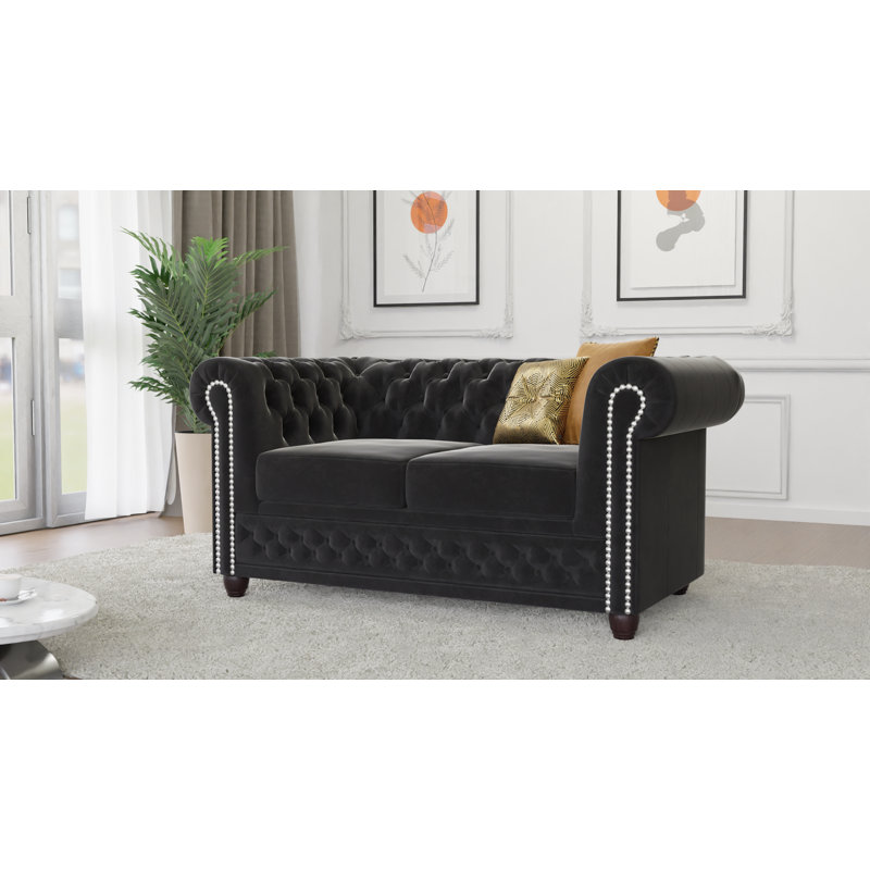 Chesterfield Hanna Sofa Set with Sleeping Function 3+2+1 Made of Velvet Fabric with Solid Wood Legs, Black