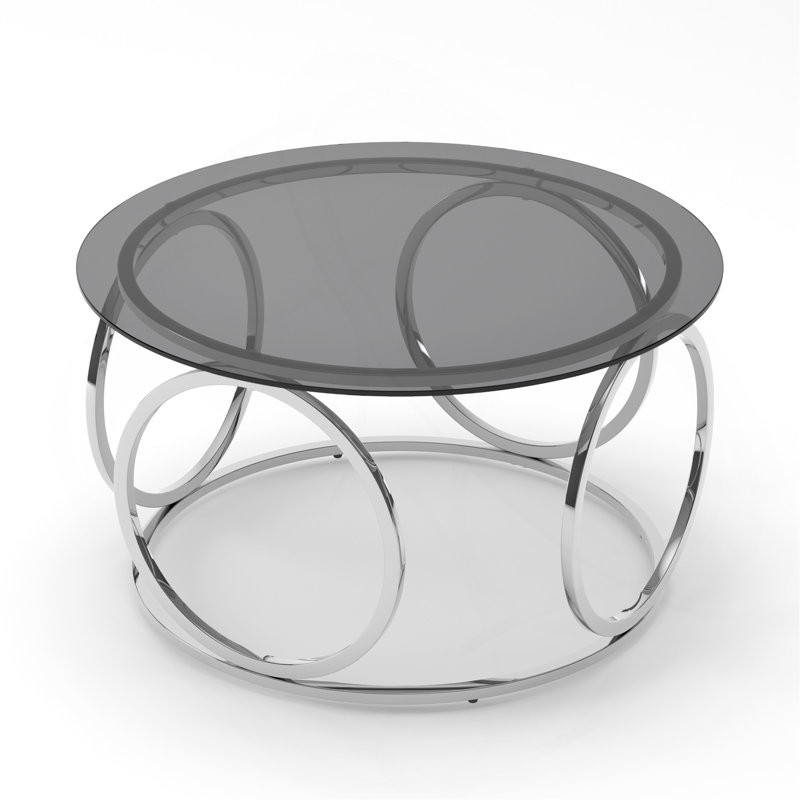 Table basse ronde moderne en verre de 80 cm avec structure circulaire en métal, table d'appoint contemporaine - Verre gris et chrome