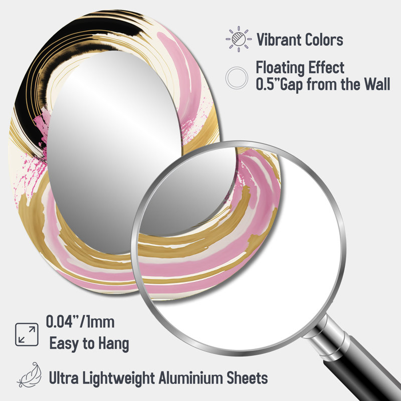 Pink And Gold Curves IV - Abstract Oval Decorative Mirror On Metal, 40" x 30"