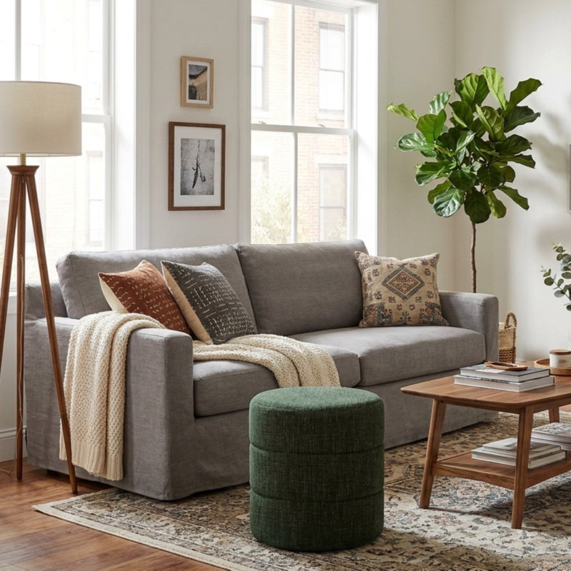 Maeesha Upholstered Round Ottoman, Green Woven
