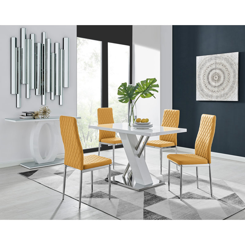 Eubanks Dining Set with 4 Chair, Mustard Yellow/Silver