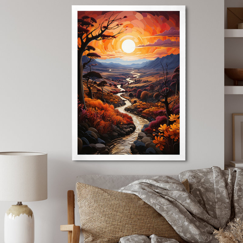 «Countryside Crimson Sunset Landscape I», reproduction sur toile, Cadre photo blanc, H 40 po x l 30 po x P 1,5 po