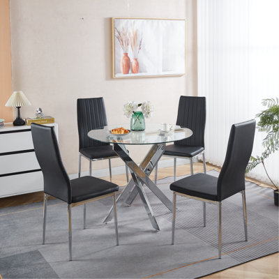 Ensemble de salle à manger 1 + 4, 5 pièces, table de salle à manger à pieds en métal Mid-Century pour 4 à 6 personnes avec plateau en verre, table de salle à manger à piédestal, table basse de loisirs.