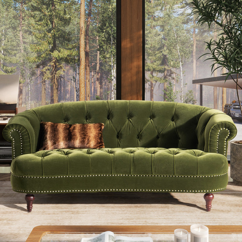 Causeuse Chesterfield La Rosa, velours performance vert olive