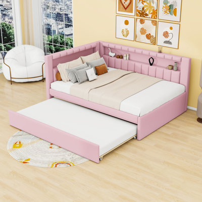 Full-Size Linen Upholstered Daybed with LED Lighting, USB Ports, and Pull-out Twin Trundle