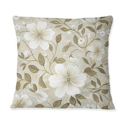 Beige Cream Floral Vines II - Transitional Throw Pillow