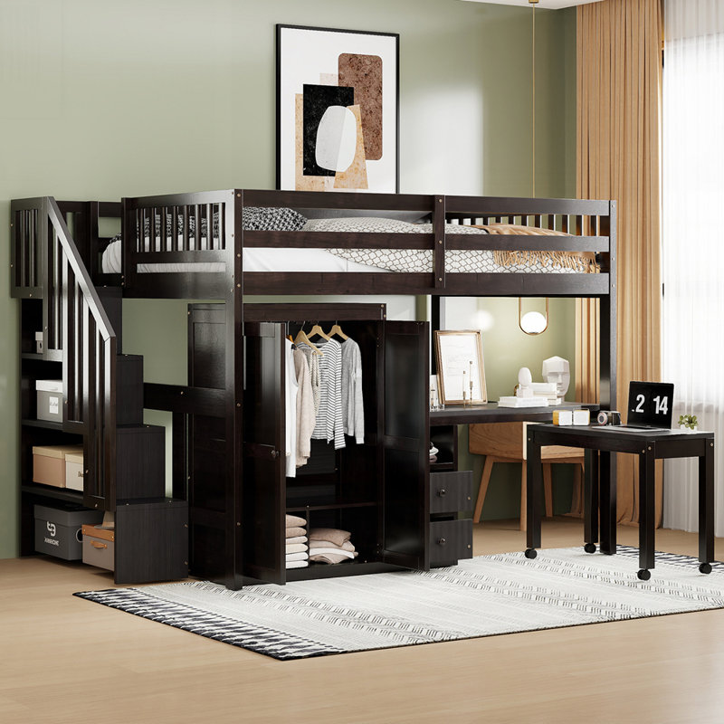 Lit mezzanine robuste en pin avec conception de maisonnette et rangement intégré, idéal pour les pièces et les petits espaces