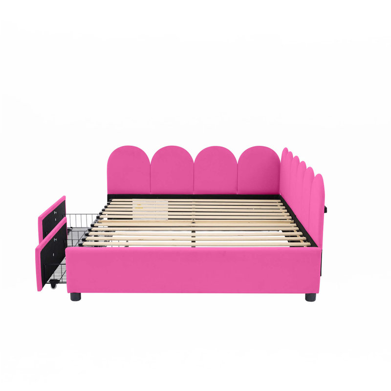 Lit de jour rembourré avec 2 tiroirs, canapé-lit en velours avec tête de lit en tissu doux, Double, Rouge rose