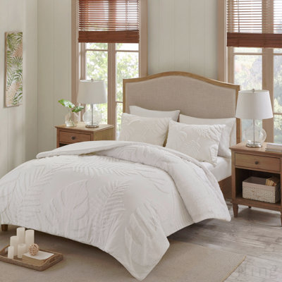3 Piece Tufted Cotton Chenille Palm Comforter Set Off-White Full