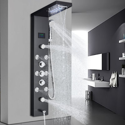 Système de tour de douche moderne avec système de tour à 6 fonctions en acier inoxydable, pomme de douche à pluie à jets de pluie + douchette à main + jets de massage à pluie + bec de baignoire, nickel brossé