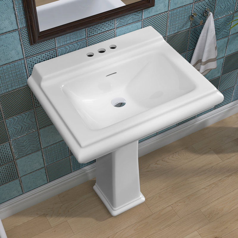 Lavabo de salle de bain à piédestal rectangulaire en céramique avec trop-plein 34,37 po ZEAFIVE