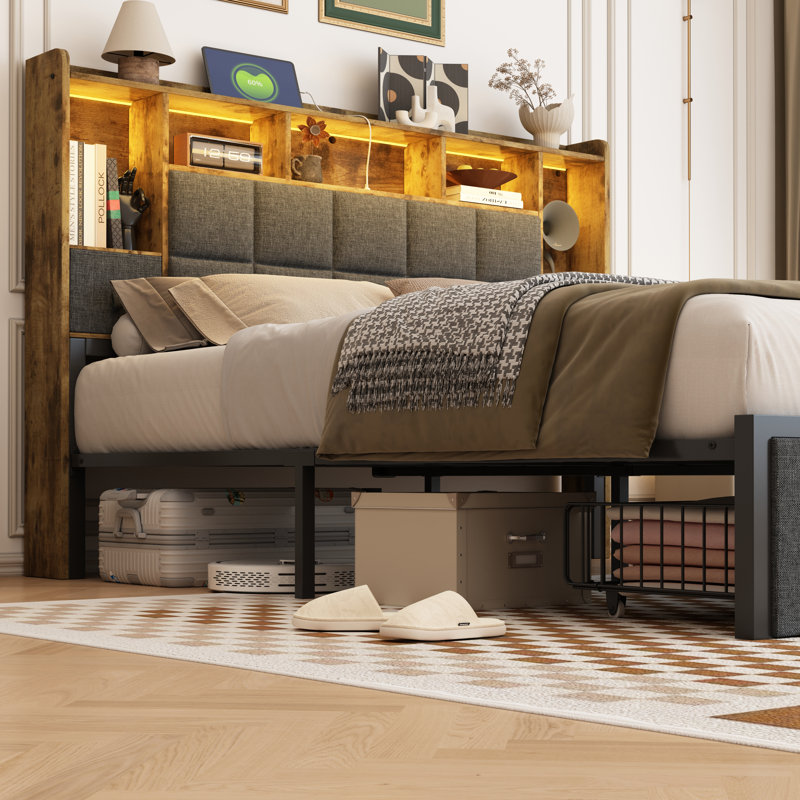Queen Size Storage Bed with Footboard Drawers, Bookcase Headboard, LED Lights and Charging Station, No Box Spring Needed