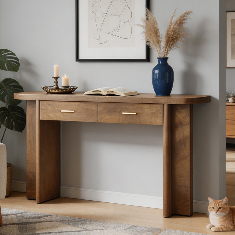 Console 63 po, canapé ovale courbé avec 2 tiroirs Farmhouse