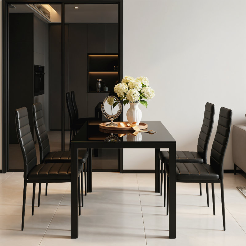 5 Piece Dining Table Set For 4, Tempered Glass Kitchen Table With 4 Upholstered Pu Chairs, Space-saving & Metal Steel Frame Dining Room Set For Home, Kitchen, Dining Room, Small Space(black)
